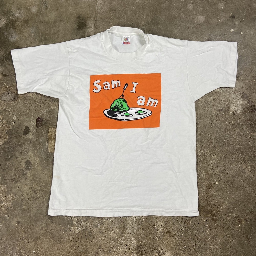 Vintage 90's Dr. Seuss T-Shirt Size Large White Sam I Am Green Eggs and Ham Logo
